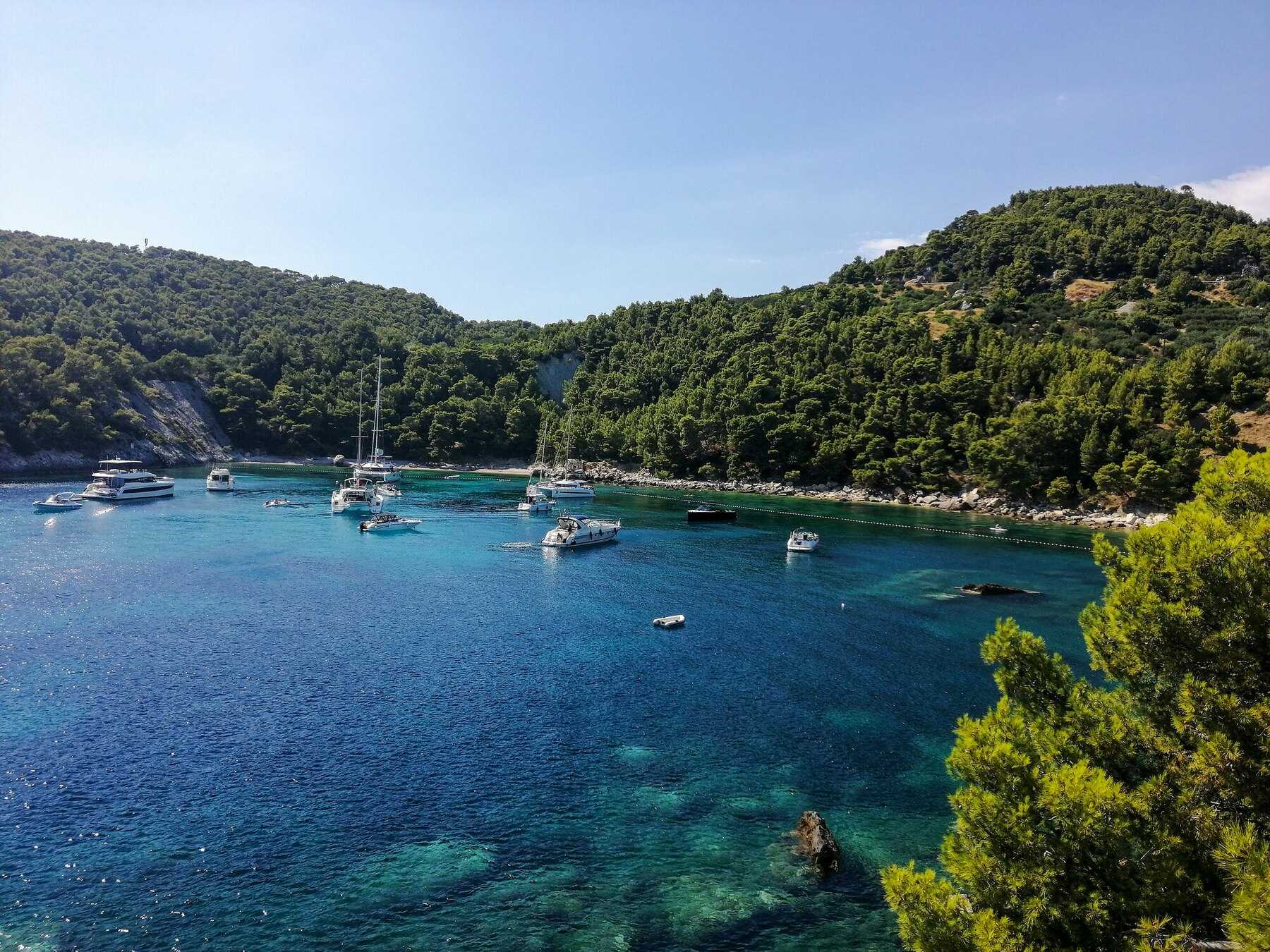 La baie de Milna, près de Hvar ville, avec ses bateaux au mouillage et ses pins