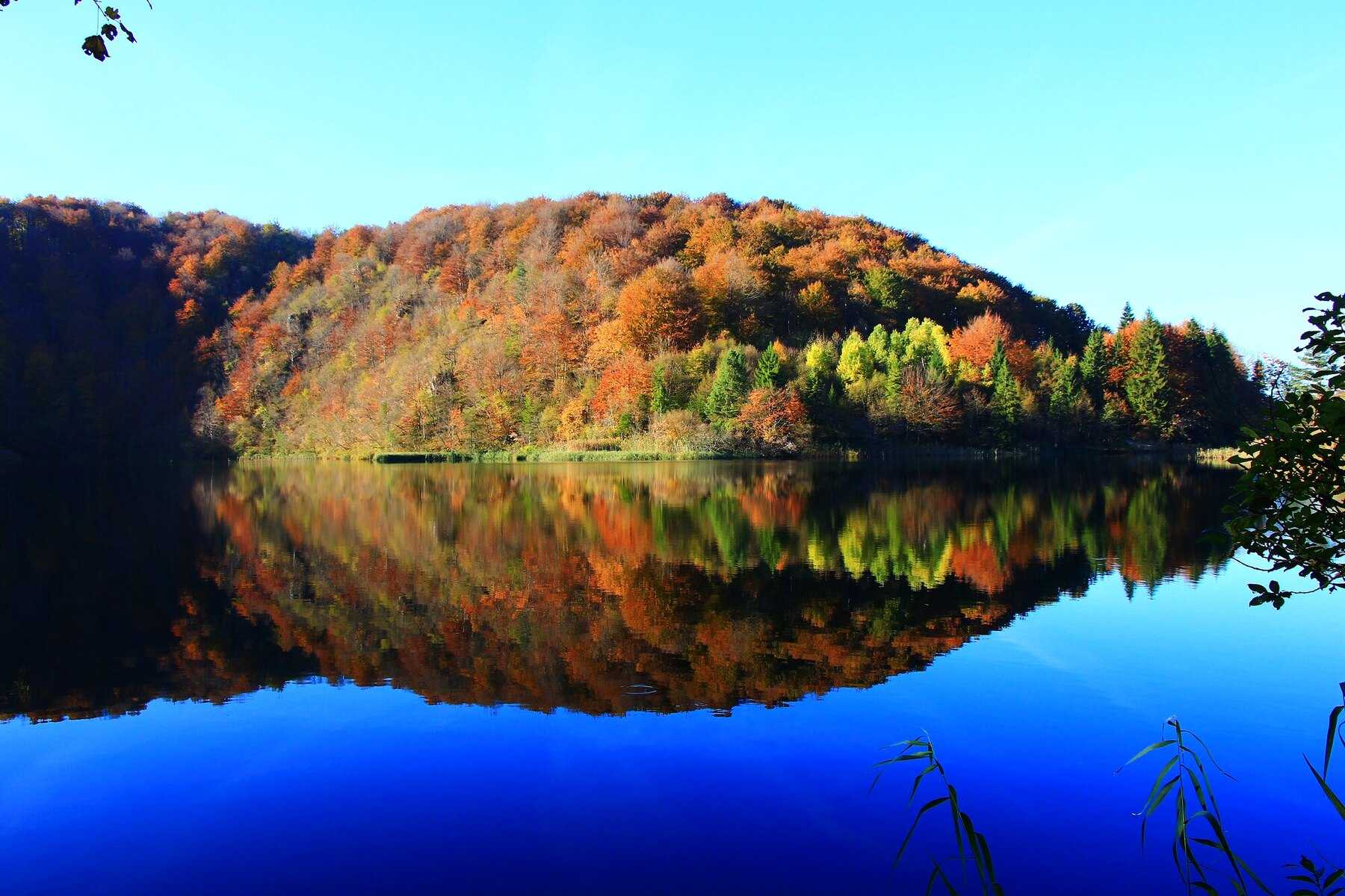 Colline aux couleurs d'automne se reflétant dans un lac de Plitvice sous un ciel bleu