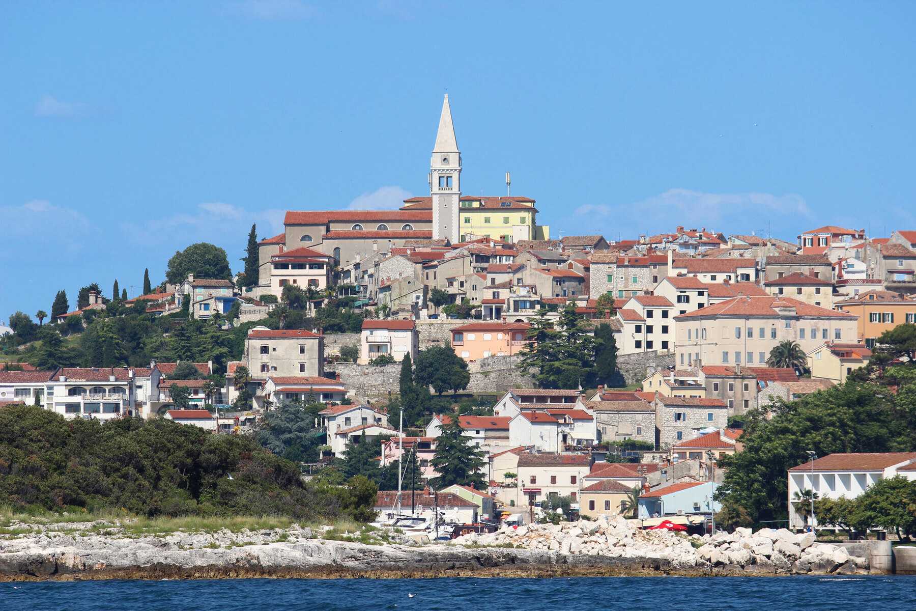 Vrsar sur sa colline au-dessus de la mer, dominée par son clocher