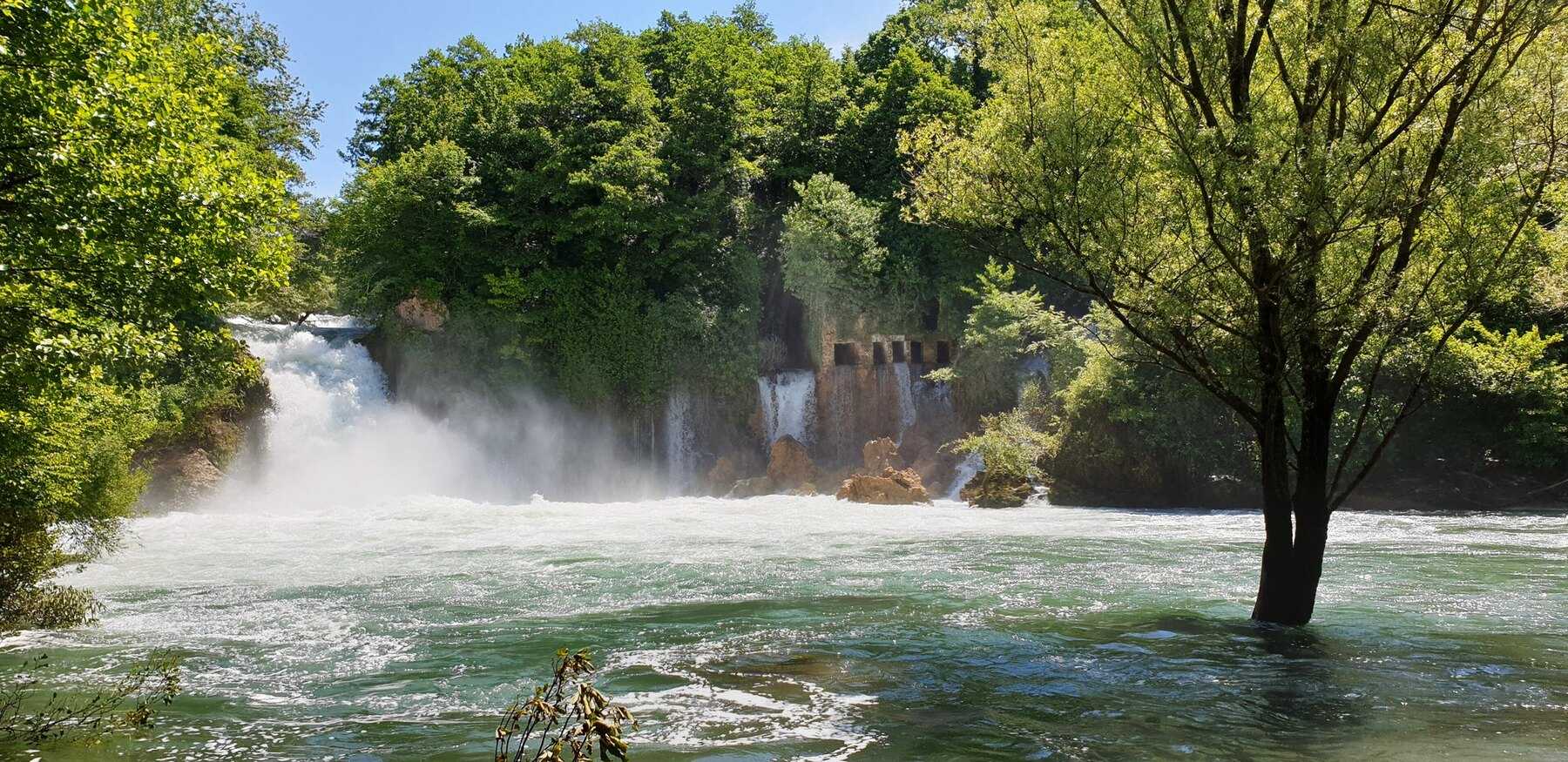 La cascade de Bilušića buk, avec ses embruns et un arbre les pieds dans l'eau