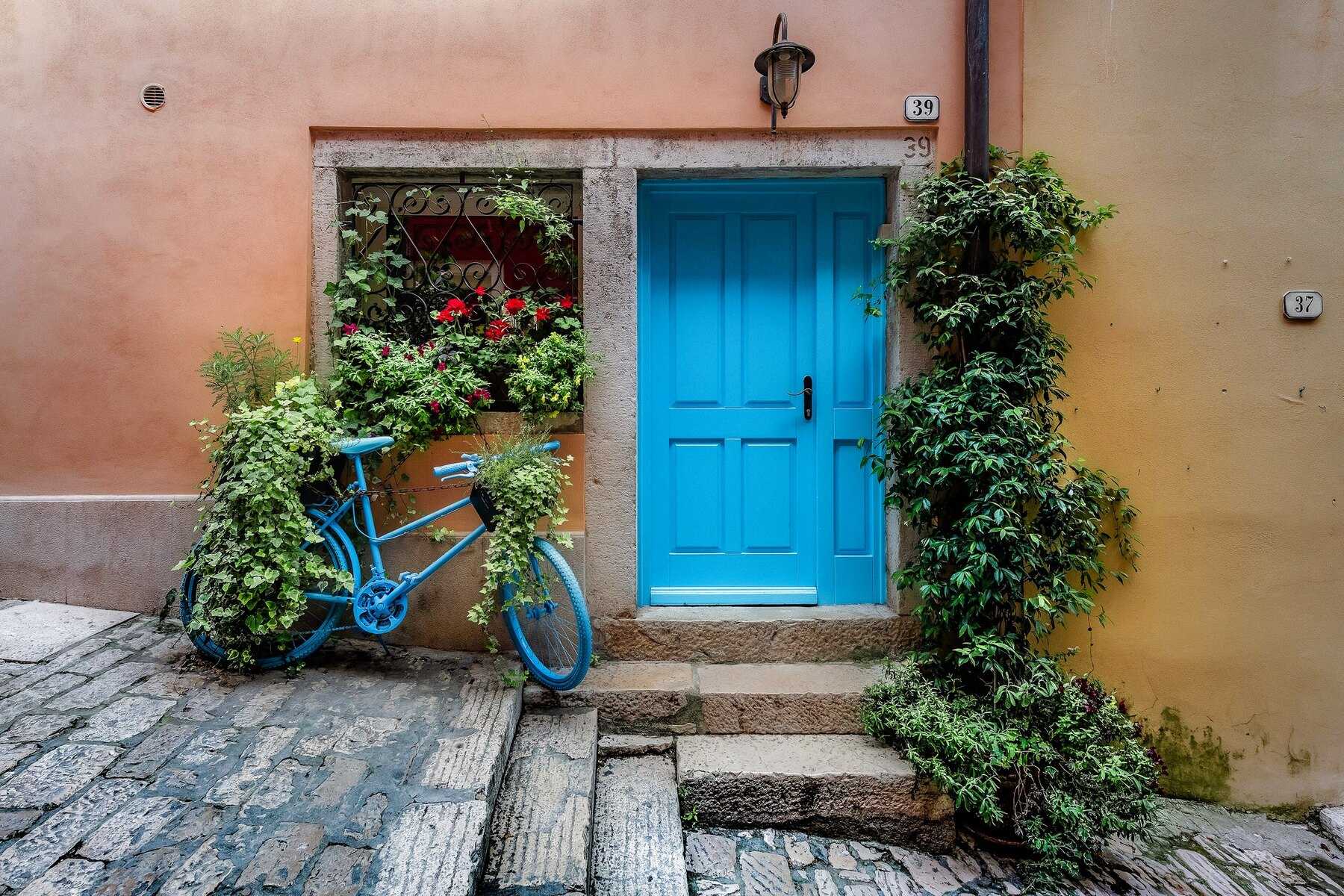 Porte bleue fleurie et vélo décoré dans une ruelle de la vieille ville